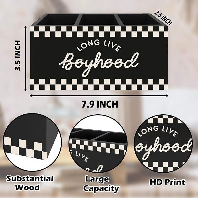 Boy Nursery Decor Pen Pencil Holder Organizer for Desk, Long Live Boyhood Black Checkered Wooden Box Signs Decorations for Kids Toddler Boys Room Bedroom Desk Tabletop, Boys Room Decor