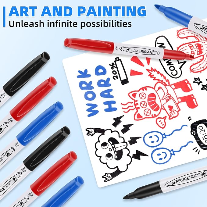 Permanent Markers, Black, Blue, Red, 15 Pack, Fine Point，Assorted Colors Set, Works on Wood, Plastic, Metal, and More, for Adults, Artist, Teacher, Kids
