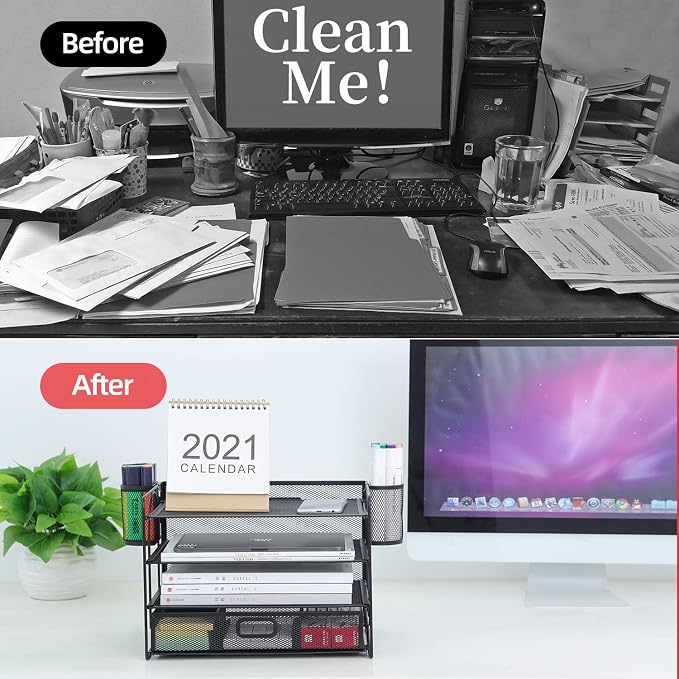 Marbrasse Desk Organizer and Accessories, 4-Tier Paper File Letter Tray Accessories & Workspace Desk Organizers with Drawer and 2 Pen Holders for School Home Office Supplies (Black)