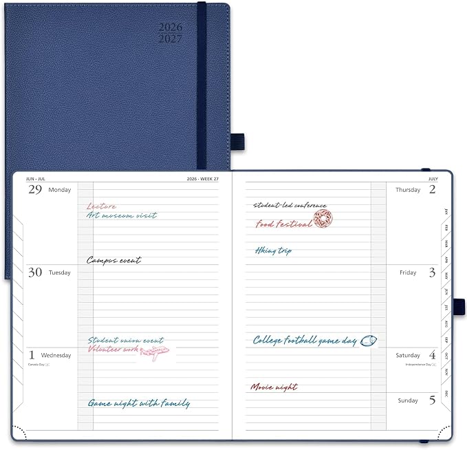 POPRUN Planner 2026-2027 (Large 8.5"x10.5"), Academic Year Weekly Planner | Calendar Book Jul.2026 - Jun.2027, Appointment Book with Monthly Tabs, Leather Hardcover, Inner Pocket, 100GSM - Navy Blue