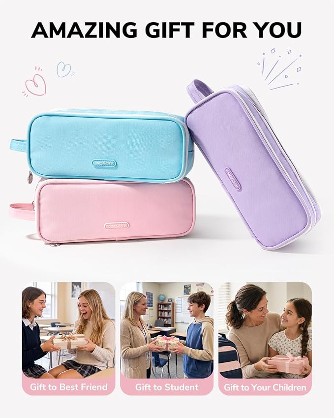 Four Candies Large 3-Compartment Pencil Case Organizer Pouch | Large Pen Bag for Stationery & Office Multi-Purpose Organizer Makeup Bag Travel Bag with Handle (Pink)