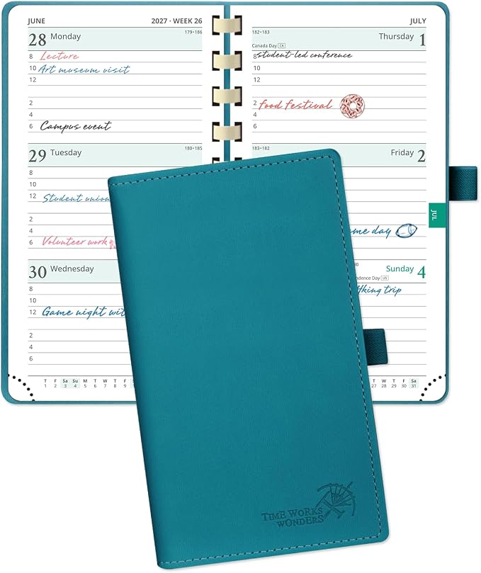 POPRUN 2027 Pocket Planner (Slim 3.5'' x 6.5'') Weekly and Monthly Calendar | 2027 Pocket Calendar(Jan - Dec) Appointment Book with Hourly Time Slots, Monthly Tabs, Spiral Leather Cover - Pacific Green