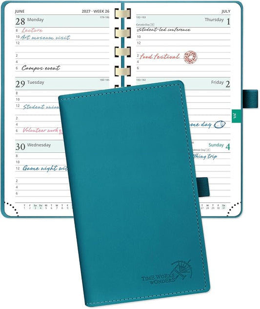 POPRUN 2027 Pocket Planner (Slim 3.5'' x 6.5'') Weekly and Monthly Calendar | 2027 Pocket Calendar(Jan - Dec) Appointment Book with Hourly Time Slots, Monthly Tabs, Spiral Leather Cover - Pacific Green