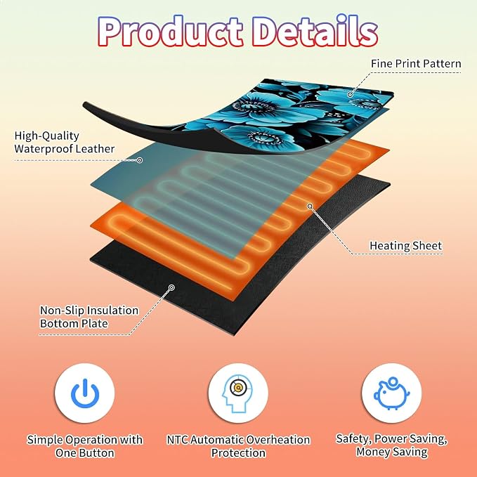 Heated Desk Pad Large Mouse Pad 31.5 x 13 inch with 3 Levels Heating & Auto Shut-Off Warm Mouse pad PU Leather Computer Mousepad for Home Office Work - Blue Floral Flower