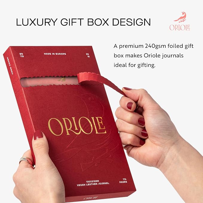 Oriole Vegan Leather Ruled Notebook - Pink | 176 Pages of Thick Lined Paper | Soft Touch Hardcover Journal (5 x 8 in) with Gold Foil Bird Design & Luxury Gift Box