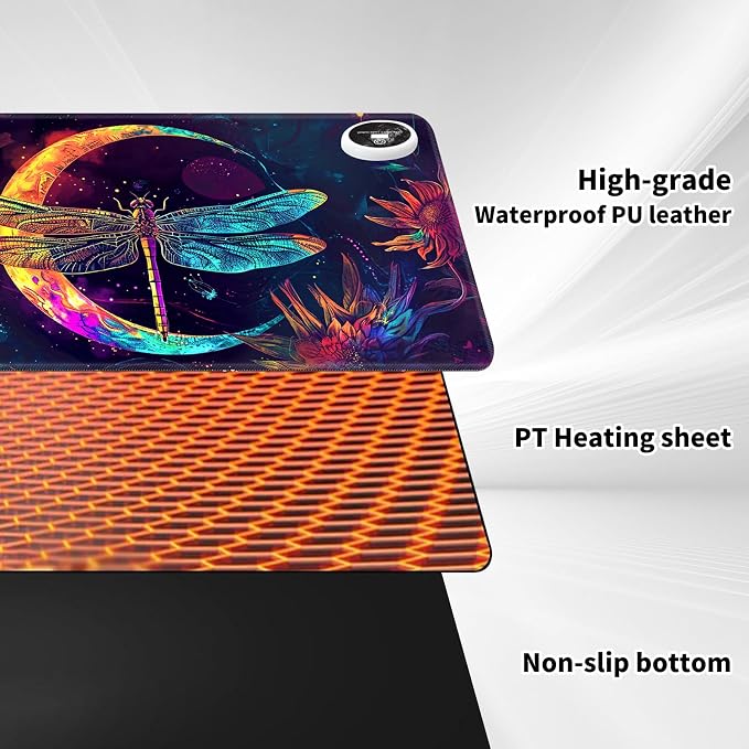 Heated Desk Pad Mouse Pad,Heated Desk Mat,with 3 Heating Levels & 3 Hours Auto Shut-Off,Leather 23.6"*14.2" Gaming Mouse Laptop Mat,Foot Warmer,Glitter Dragonfly Moon