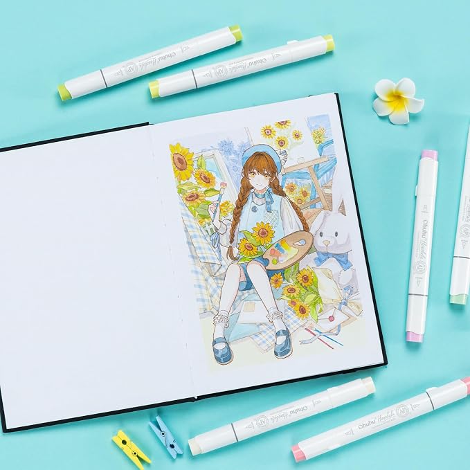 Ohuhu Double-Sided Marker Pad Art Sketchbook Bleedproof - 5.5"x8.5" Small Paper Size - 90 LB/150 GSM Smooth Drawing Paper - 60 Sheets/120 Pages - Hardcover Sketching Book for Alcohol Markers Paints
