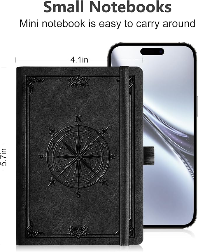 AHGXG Small Lined Pocket Notebook, 256 Numbered Pages, B6 (4.1'' X 5.7'') | College Ruled Mini Journal, Vintage Leather Softcover, 80gsm Paper, for Men Women Work Office School (Black)