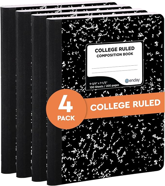 Enday Marble Composition Notebook College Ruled (4 Pack) | 100 Sheets Black Composition Notebook For Back to School, Home and Office