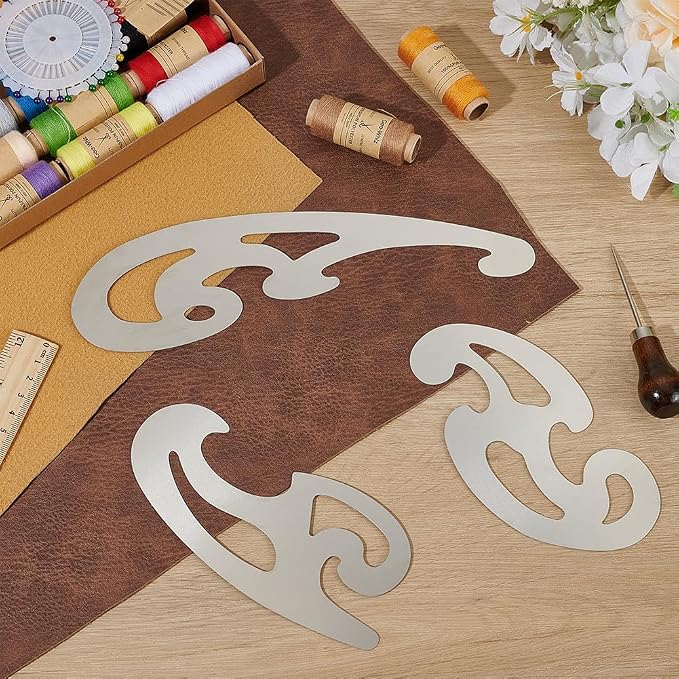 BENECREAT 3 Pcs Stainless Steel French Curve Ruler, Metal Pattern Ruler, Drafting Stencils Drawing Templates Tool for Garment Leather Design, Decorative Embossing, Professional Drawing Tool