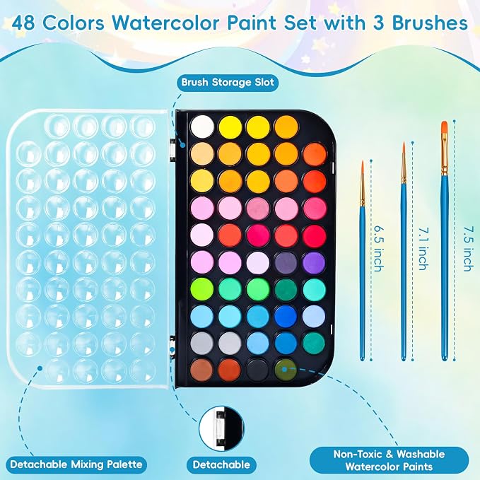 48 Color Solid Watercolor Paint Set with 3 Wooden Brushes - Non-Toxic, Vibrant & Washable Watercolor Kit for Artists, Children, Beginners, Kids - Portable Watercolor Painting Set for Travel & Studio