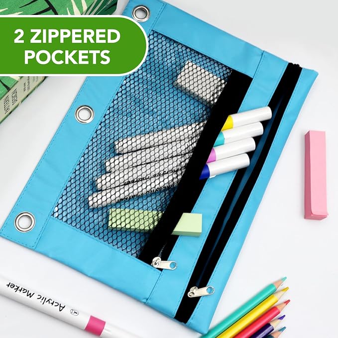 Pencil Pouch for 3 Ring Binder, Heavy Duty Canvas Dual Zipper Pen Bag with Clear Window, Smooth Metal Zipper, Fit Standard 3-Ring Binders for School Office Travel Supplies (Sky Blue)