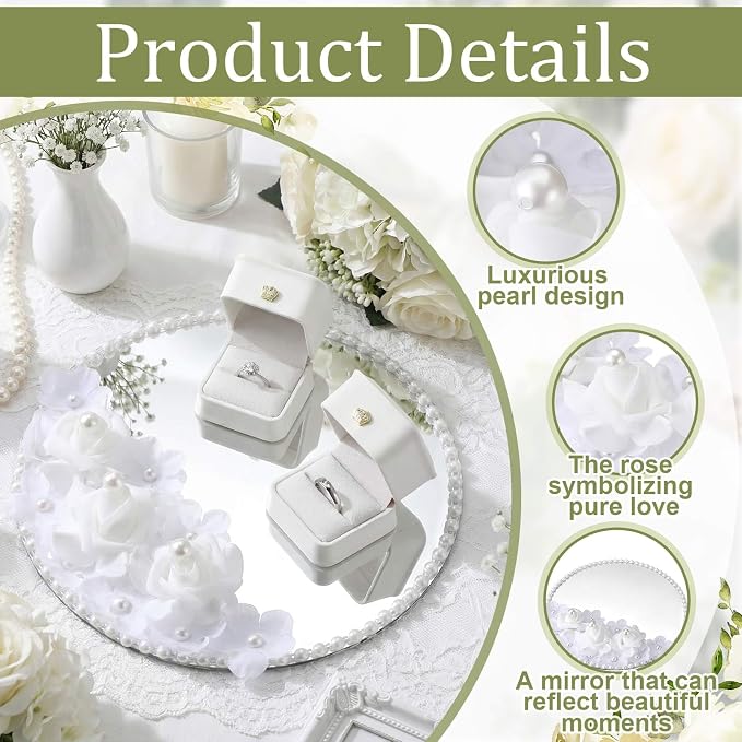 Liliaafar Wedding Mirror Tray with 2 Pcs Ring Boxes Mirrors Flat Circle Plates with Pearl Roses Design Trays for Table Centerpieces Wedding Party Centerpieces