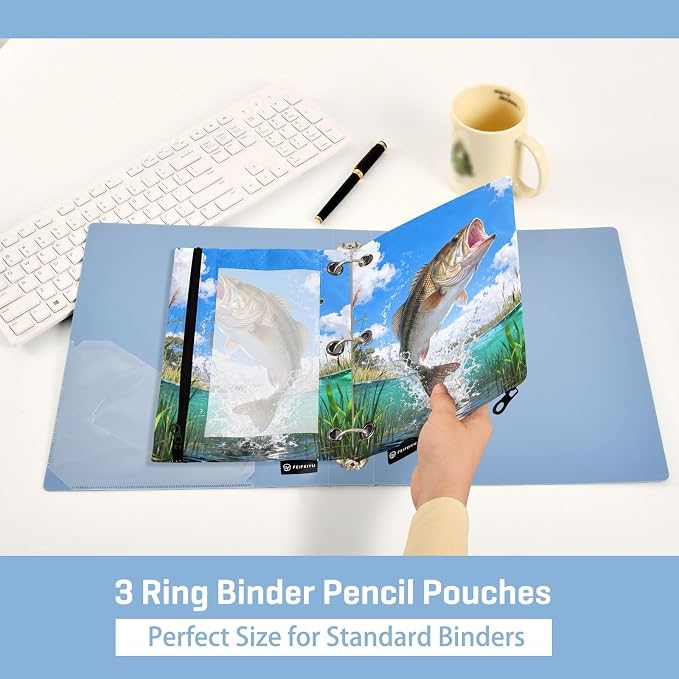 Largemouth Bass Fish Pencil Pouches for 3 Ring Binder, Zipper Binder Pencil Case, 2 Pack Clear Window Case Bag for Office Organizers