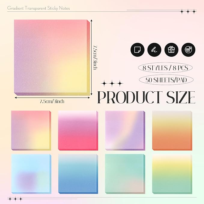 Fullhawl 400 Sheets Gradient Transparent Sticky Notes 3 x 3 Inch Clear Pastel Aesthetic Self-Adhesive Sticky Notes for Annotating Bible Journaling Office College Supplies, 8 Pads