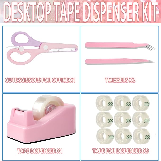 XEUZK Desktop Tape Dispenser Kits with Weighted Nonskid Base Tape Dispenser- Includes 9 Rolls of Transparent Tape(0.71 Inch x 500 inches Each) & Pink Scissors, 2 Pcs Tweezers (Pink)