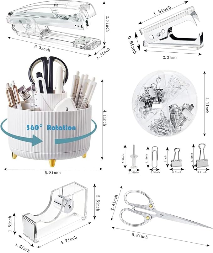Gawsey Silver Desk Organizers and Accessories with Desk Organizer 360° Rotating Pen Holder and Office Supplies, Cute Stationery Supplies Set