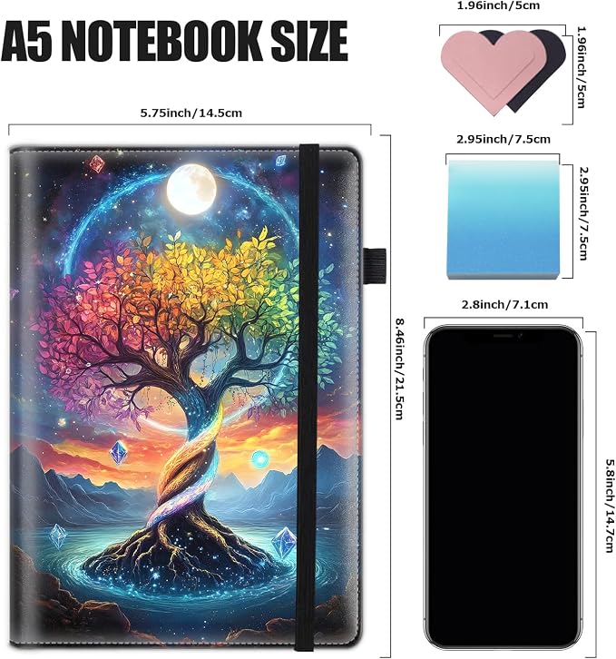 Hardcover Executive Notebooks, A5 PU Leather Lined Journal Notebook, 200 Pages Thick Paper Subject Notebooks for School,Work,Home Writing Business Notebook, Diary Book,Colorful Tree of Life in Space