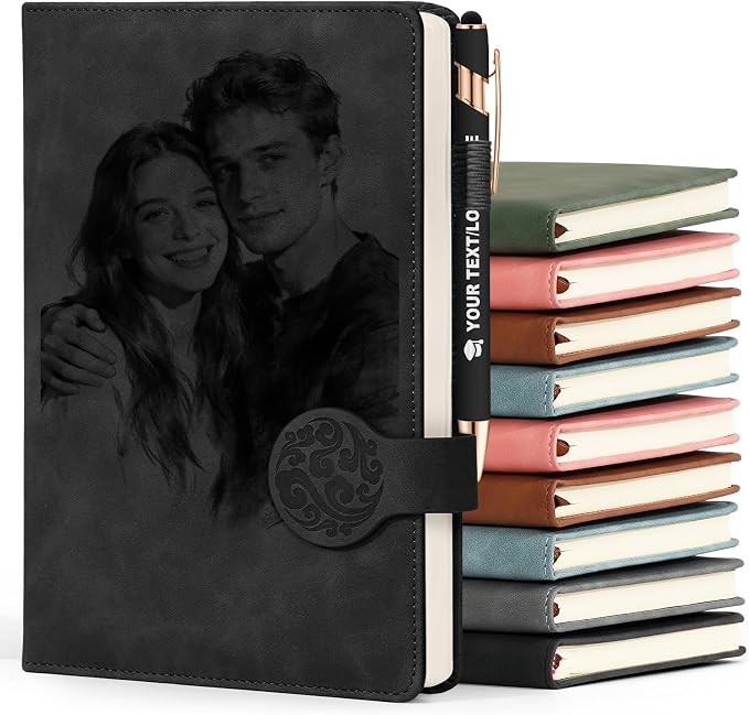 ENOMY Personalized Notebook & 10 PC Pens Set Custom Notebook 200 Pages A5 Leather Journal for Men Women Hardcover Notebooks for Office College Graduation New Year Gifts, Black