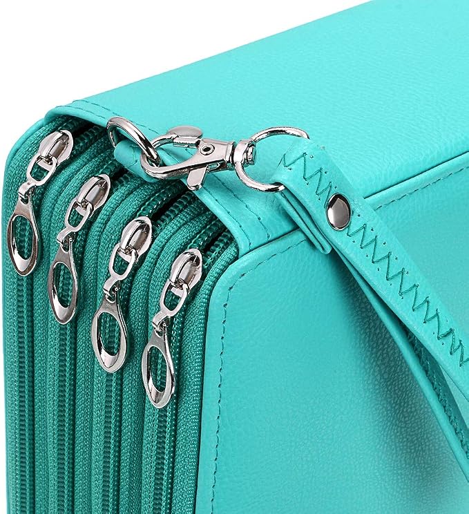 BTSKY 200 Slots Colored Pencil Organizer - Deluxe PU Leather Pencil Case Holder With Removal Handle Strap Pencil Box Large for Colored Pencils Watercolor Pencils (Green)