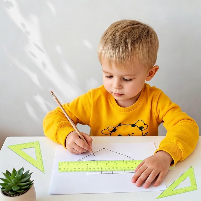 Plastic Clear Ruler Math Set - 6'' 12'' Transparent Straight Ruler, 4'' 6'' Protractor, 30/60 & 45/90 Triangle Ruler, Geometry Math Measuring Tool for School Home Office Drawing Teachers Kids Yellow
