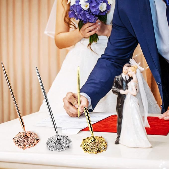 Hollow Round Pen Holder Signing Pen Set for Wedding Bridal Engagement Valentine's Day Favors,Silver