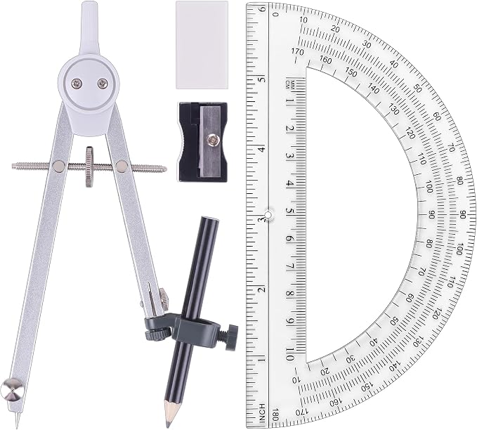 UNJOO Professional Metal Compass for Geometry Set, Math Protractors (Silver) | Metal Compass with Wheel and Lock for Geometry, Drawing Compass Tool, Circle Drafting Tool, and 6 Inch Protractors 180 Degree