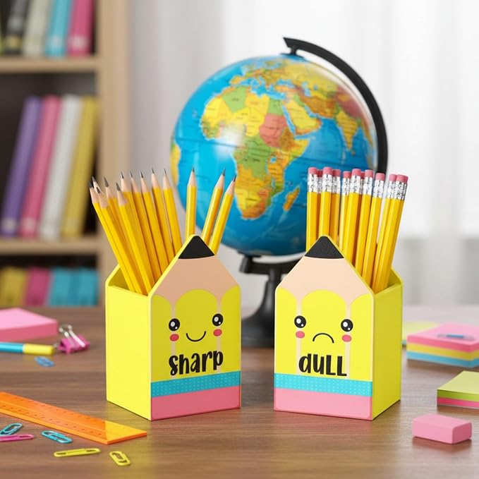DoubleFill 2 Pcs Yellow Pencil Shaped Holder Sharp Dull Holder Wooden Dispenser Pen Storage with Classic Pencil Shaped Design for Back to School Teachers Classroom Organization Accessories