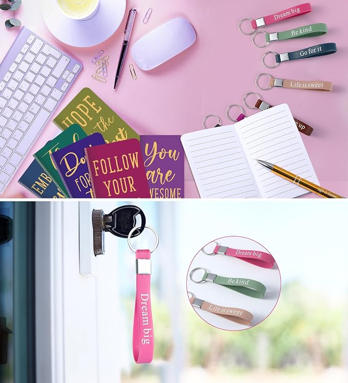PerKoop 48 Pcs Inspirational Gifts Set Inspirational Quote Notepads 3 x 5 Inch Motivational Ballpoint Pens Keychains Bulk Colorful Journal Notebooks for School Office Party Favor Supplies