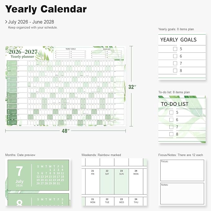 Ospelelf Large Dry Erase Calendar for Wall 2026-2027, 32'' x 48'' Big Yearly Laminated Family Calendar, 2 Year Calendar, Use July 2026 - June 2028 (Green Plant)