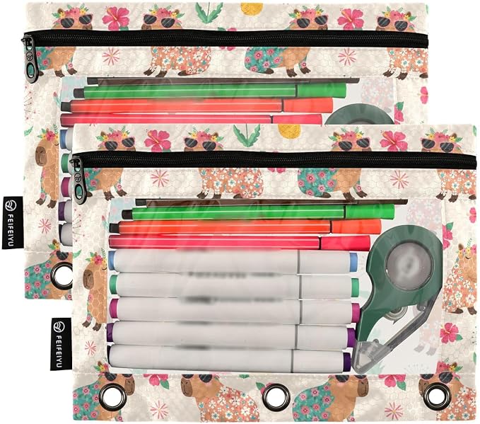 Emelivor Capybara Beach Beige Pencil Pouch for 3 Ring Binder 2 Pcs Pockets Pencil Pouches Bag with Clear Pencil Case Cosmetic Bag for Storing College Office Supplies