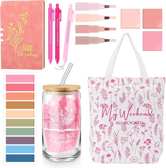 Havawish 14 Pcs Book Lovers Gift for Women 16 oz Glass Cup Tote Bag A6 Journal Notebook Pens Highlighters Sticky Notes Back to School Teacher Librarian Bookish Book Club(Flesh Pink,Aesthetic)