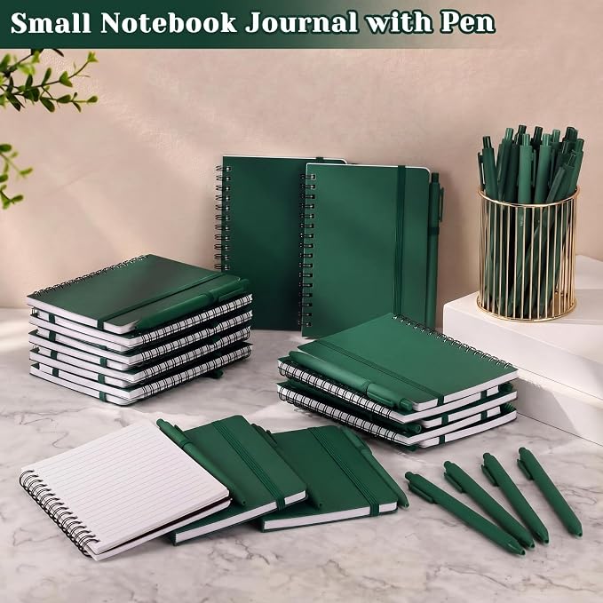 Fulmoon 30 Set Small Spiral Notebooks A6 with Pens Bulk, Multicolor 4" x 6" Pocket Notebooks Mini Lined Journals 50 Sheets for Back to School Supplies Students Rewards Office Gifts (Forest Green)