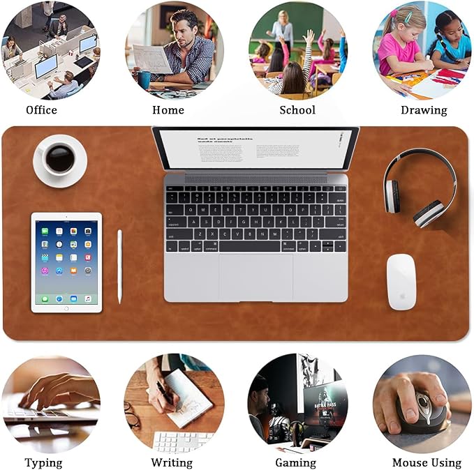Distressed Leather Desk Mat - Non-Slip PU Leather Desk Pad Protector - Large Waterproof Mouse Pad Computer Keyboard Desk Mat Desk Accessories for Office & Home (Brown, 36"x17")