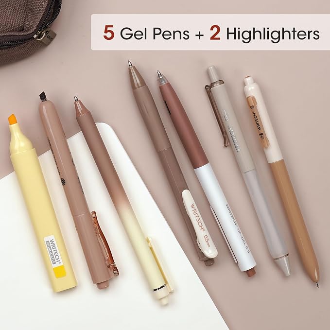 WRITECH Gel Pens Journaling Highlighters: Journal Set Aesthetic Assorted Earth Tones Color Ink 0.5mm Fine Point Retractable 0.7mm Black Pen Smooth Writing Drawing No Bleed 7ct (Brown)