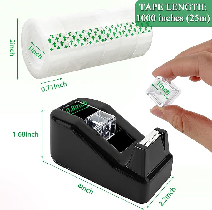 Desktop Tape Dispenser with 15 Rolls Transparent Tape, Black Desk Tape Dispenser for Home Office School, Tape and Dispenser Set for Light Duty Packaging Arts Crafts Note Repair Everyday Use