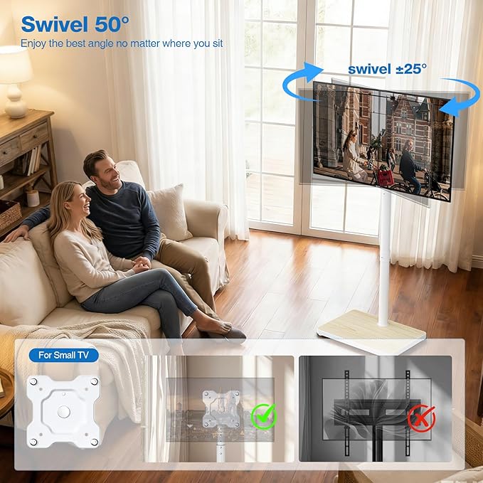 Swivel/Tilt Universal Floor TV Stand with Mount for 13-55 Inch TVs or Monitors, Height Adjustable Tall TV Stand with Sturdy Wooden Base Hold up to 77 lbs, Max VESA 400x400mm, White