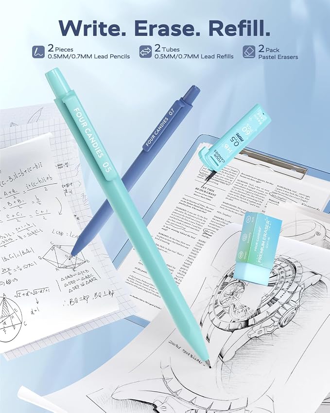 Four Candies Aesthetic School Supplies Kit with Cute Blue Pencil Case | Back to School Stationery Set with Pens, Highlighters, Mechanical Pencils, Sticky Notes for Students, College, Journaling