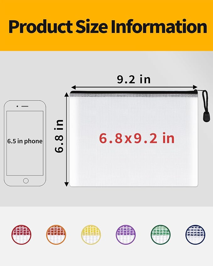 SUNEE Plastic Mesh Zipper Pouch 6.8x9.2 in (Black, 12 Packs),Extra Large Water-Resistant Zip Bag for School Office Supplies, Puzzles & Games Organizing Storage