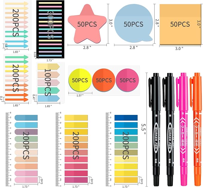 BAYTORY 1700 Sheets Transparent Sticky Notes, See Through Sticky Tabs | Book Annotation Kit for Bible Study, 4Pcs Double Marker Pens, Transparent Index Tabs for Annotation Kit (Light Colors)