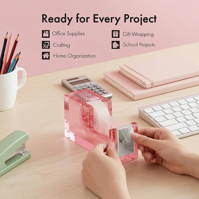 OfficeGoods Acrylic Tape Dispenser – Modern Desk Organizer for Office Supplies, Heavy Duty Refillable Tape Holder for Home and School Crafting, Stylish Desktop Accessory for Gift Wrapping, Pink