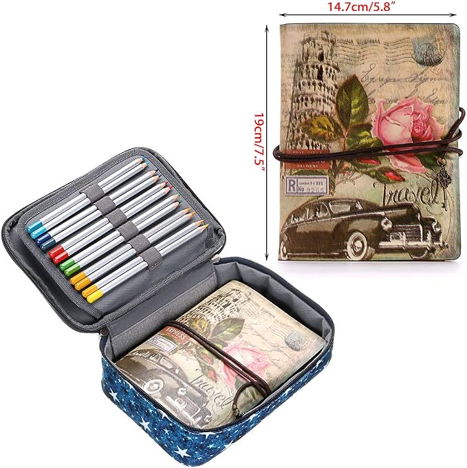 BTSKY Zipper Pens Pencil Case with Pattern-Multi-functional Stationery Pencil Pouch 36 Large Stretchy Slots for 72 Colored Pencils(Star Blue)