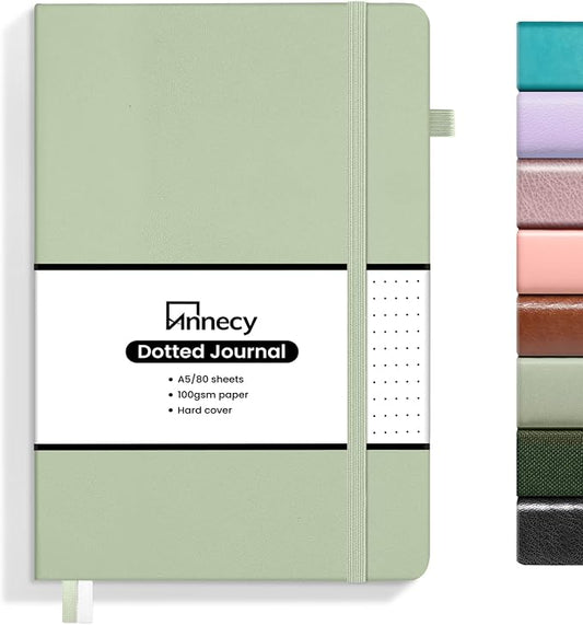 Annecy Numbered Bullet Dotted Journal Notebook, Medium 5.5x 8.25, 160 Pages 100GSM Writing Paper, A5 Grey Green Faux Leather Cover with Pen Loop