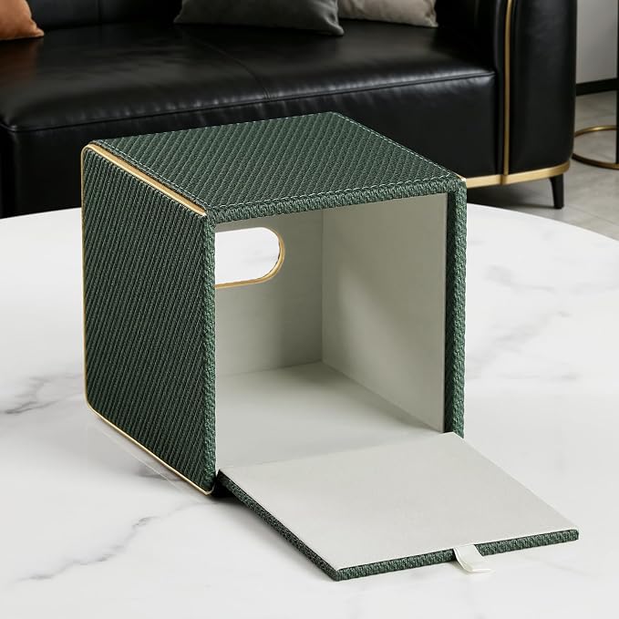Square PU Leather Tissue Box Cover with Magnetic Closure, Decorative Tissue Holder & Storage Container for Bedroom, Living Room, Dining Room, Bathroom, Countertop, Desk (Square Dark Green Twill)