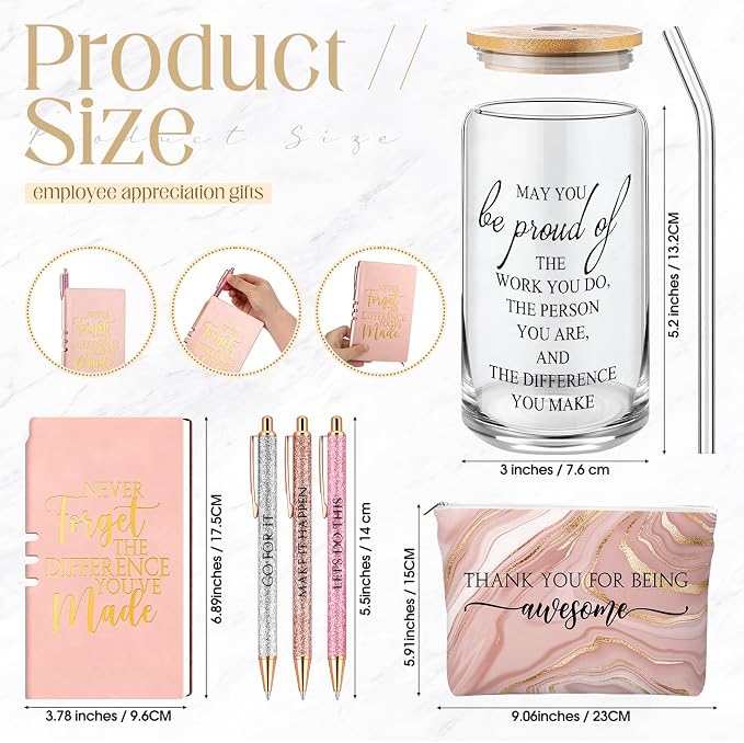 Funnymoom 6 Pcs Appreciation Gifts Set for Women Back to School Teacher Gifts Employee Thank You Gift with 17 oz Glass Tumbler Journal Pens and Pouch for Coworkers Educators,Marble,Pink
