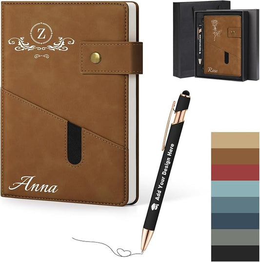 ENOMY Personalized A5 Journal Gift Set with Custom Pen PU Leather Notebook Box, Brown