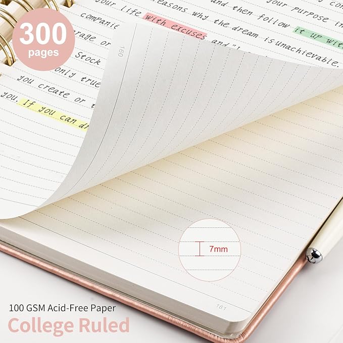 EMSHOI Lined Spiral Journal Notebook, 300 Numbered Pages, A4 (8.2"x11.2") | College Ruled, Leather Hardcover, 100 GSM Thick Paper, for School, Writing, Work, Office & Journaling (Rose gold)