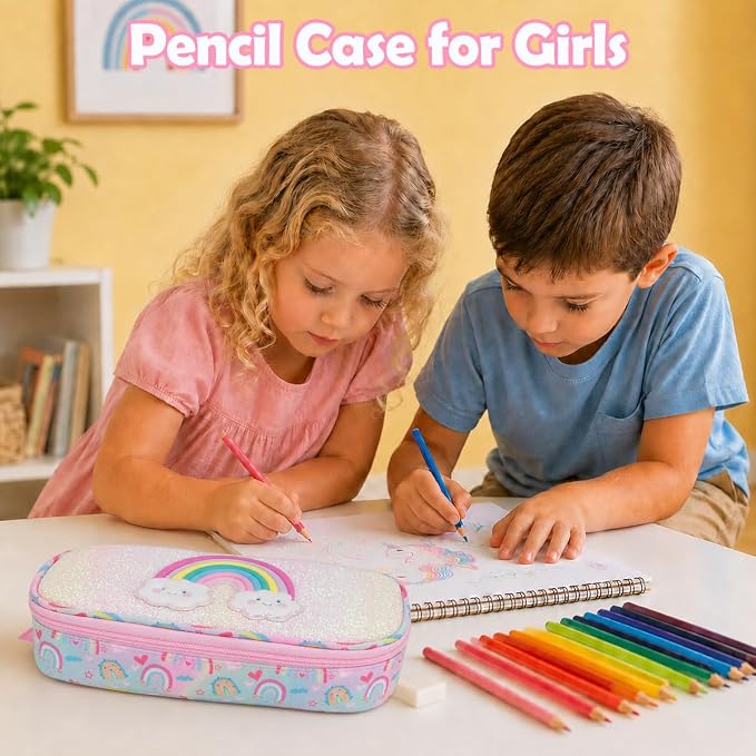 RHCPFOVR Kids Pencil Case for Girls-Soft Zipper Large Capacity Pencil Pouch for Girls Pencil Case for School Pencil Bag for Toddler (Pink-Rainbow)