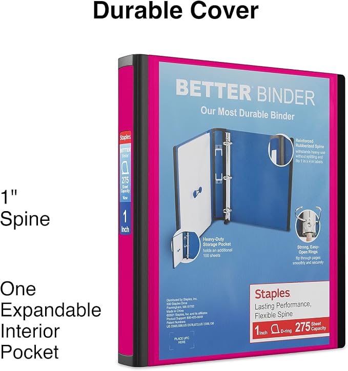 Staples Better View 1-Inch D-Ring Binder, Pink – Durable 3-Ring Binder with Clear Overlay for School & Office