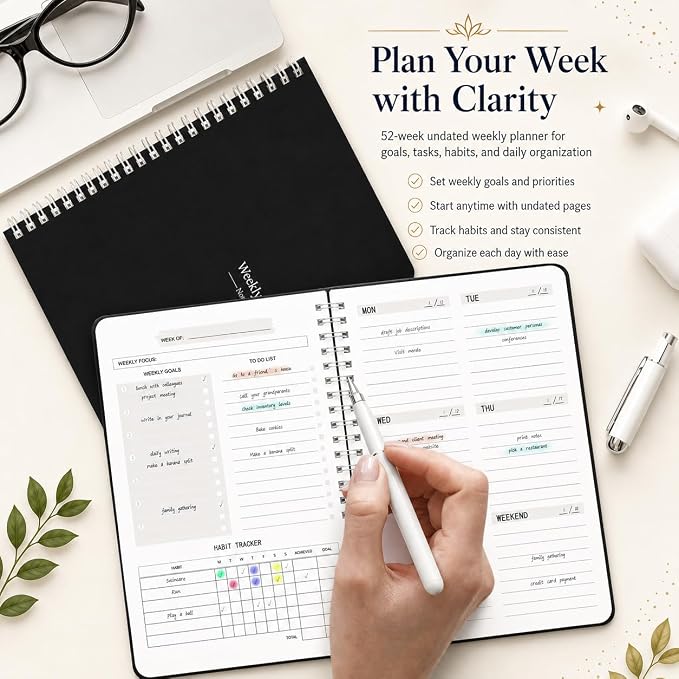 TREES Undated Weekly Planner, Weekly To-Do List, Goal and Habit Tracker | 5.8" x 8" Spiral-Bound Organizer for Weekly Goals, Tasks and Habits, Designed for Work, School and Everyday Planning
